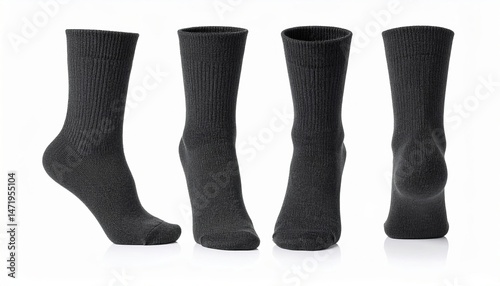 Four views of classic black cotton socks for men or women on a white background with shadows offering comfort and style for everyday wear