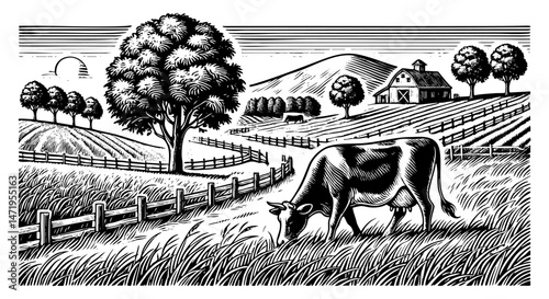 Cow grazing sketch engraving black and white outline. Scratch board imitation.  illustrated in vintage line art style on a white background.