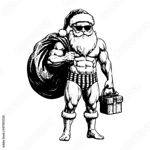 Muscular Santa clause carrying gift gesture sketch engraving black and white outline. Scratch board imitation.