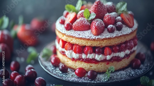 Delicious layered cake adorned with fresh berries and powdered sugar.