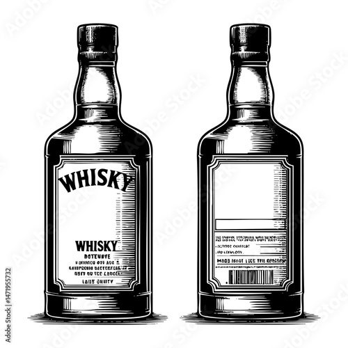 Whiskey bottle sketch engraving black and white outline. Scratch board imitation. illustrated in vintage line art style on a white background.