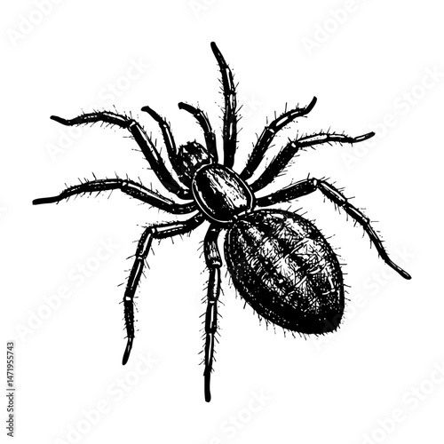 Tarantula spider engraving black and white outline. Scratch board imitation.  illustrated in vintage line art style on a white background.