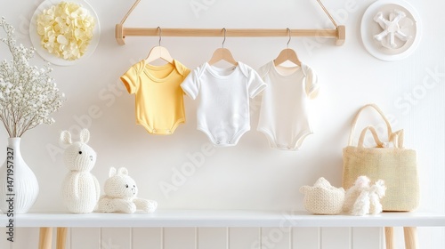 Gentle display of baby clothes in coordinated tones on a sleek bar, white background enhances tranquility