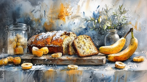 Still life painting of sliced bread and bananas.