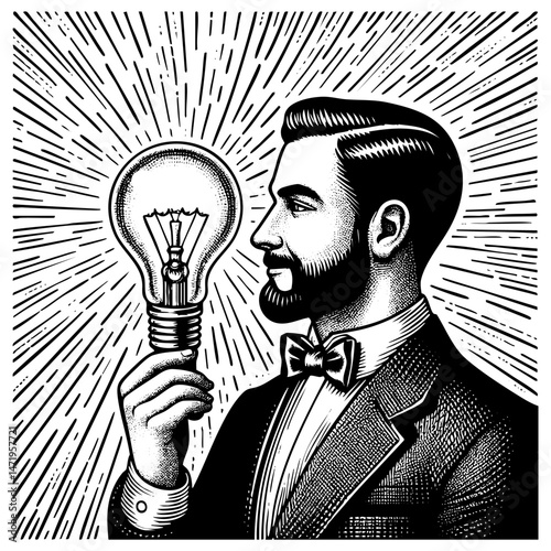man holding light bulb sketch engraving black and white outline. Scratch board imitation.