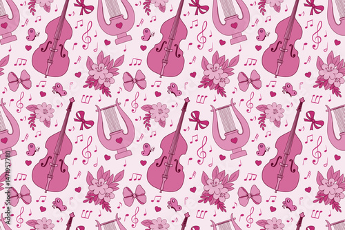 Girly pink cute seamless pattern with floral elements and classical musical instruments.