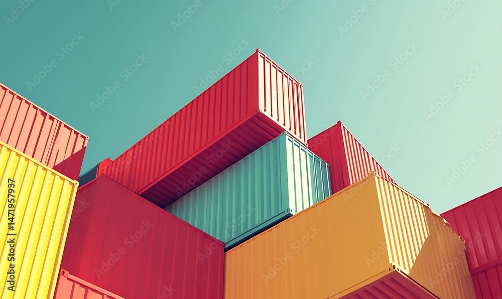 Colorful Shipping Containers Stacked Against a Clear Blue Sky