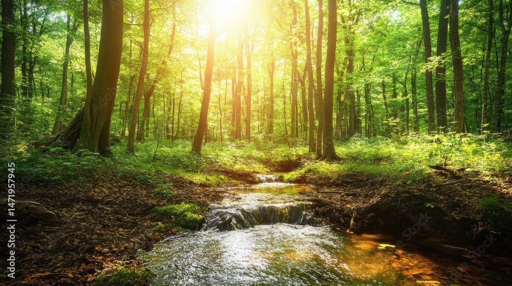 Fototapeta premium Sunlit forest stream, tranquil nature scene, peaceful background