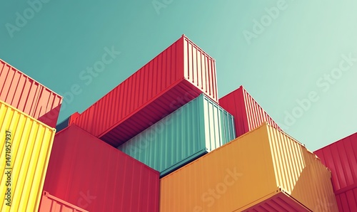 Obraz na płótnie Colorful Shipping Containers Stacked Against a Clear Blue Sky w salonie