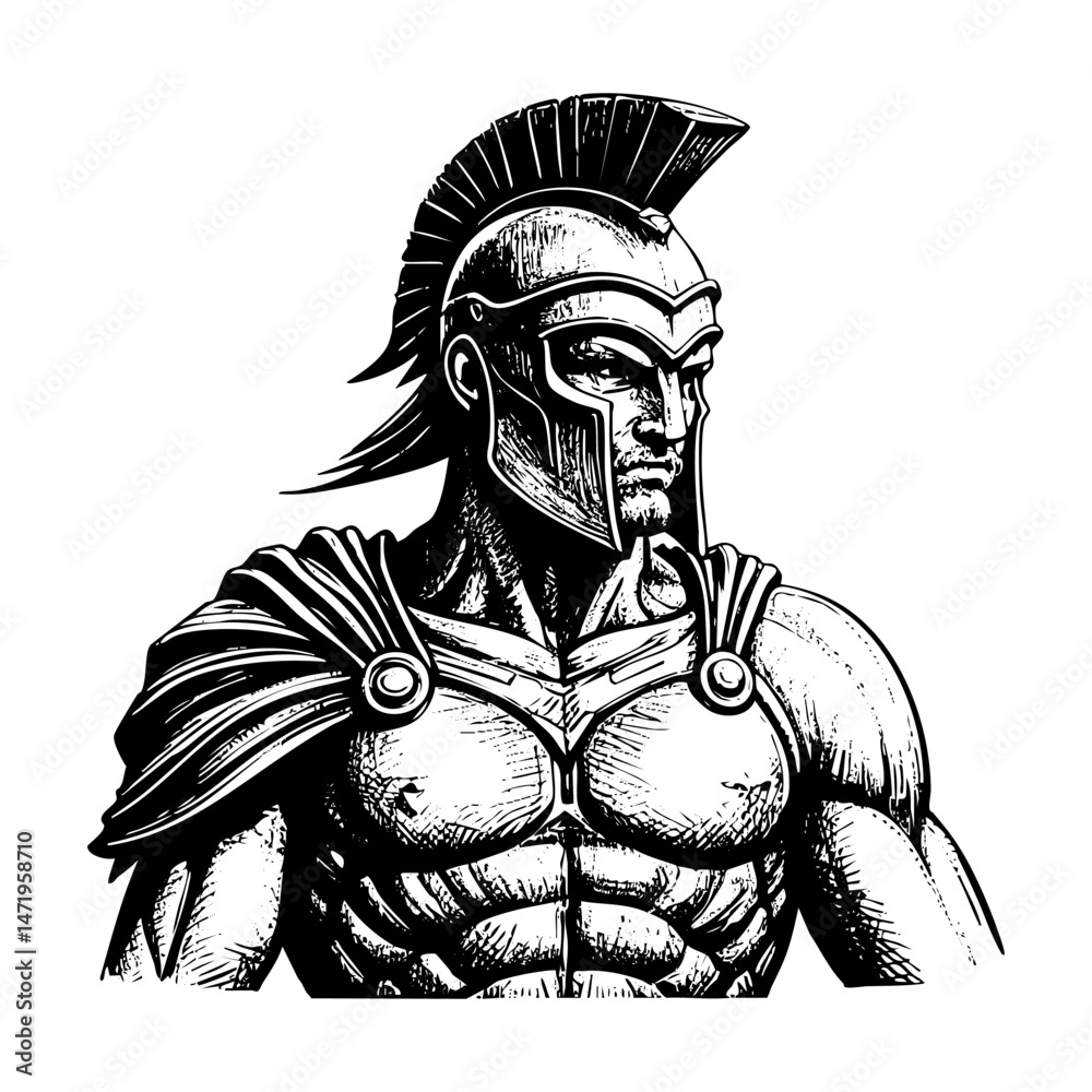 Obraz premium Spartan warrior engraving black and white outline. Scratch board imitation. illustrated in vintage line art style on a white background.