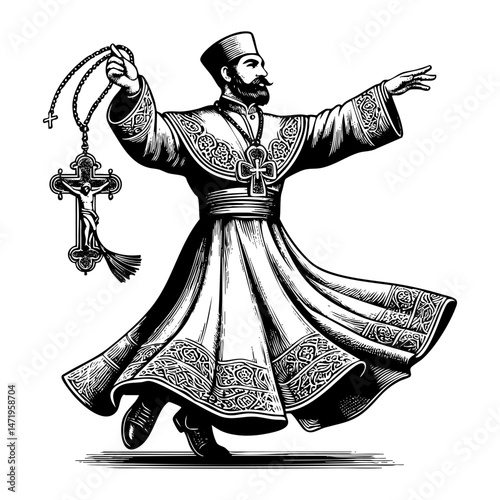 Pope holding cross sketch engraving black and white outline. Scratch board imitation.  illustrated in vintage line art style on a white background.