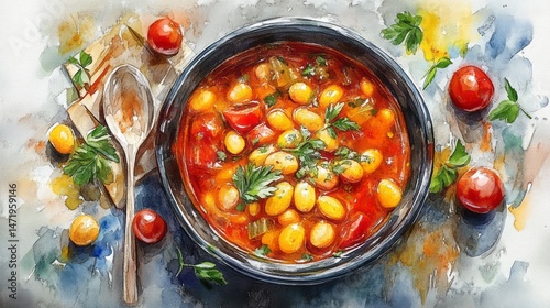 Colorful artistic depiction of a hearty bean stew.