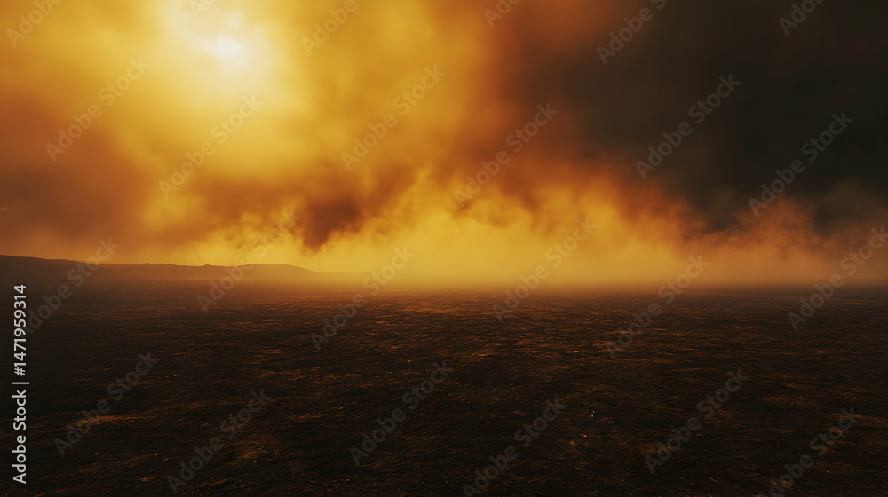 Fototapeta premium Dramatic Orange Sky with Fog and Dark Clouds Over Empty Landscape