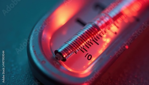Close-up of a mercury thermometer showing a high temperature reading, red liquid indicating heat , warm, red