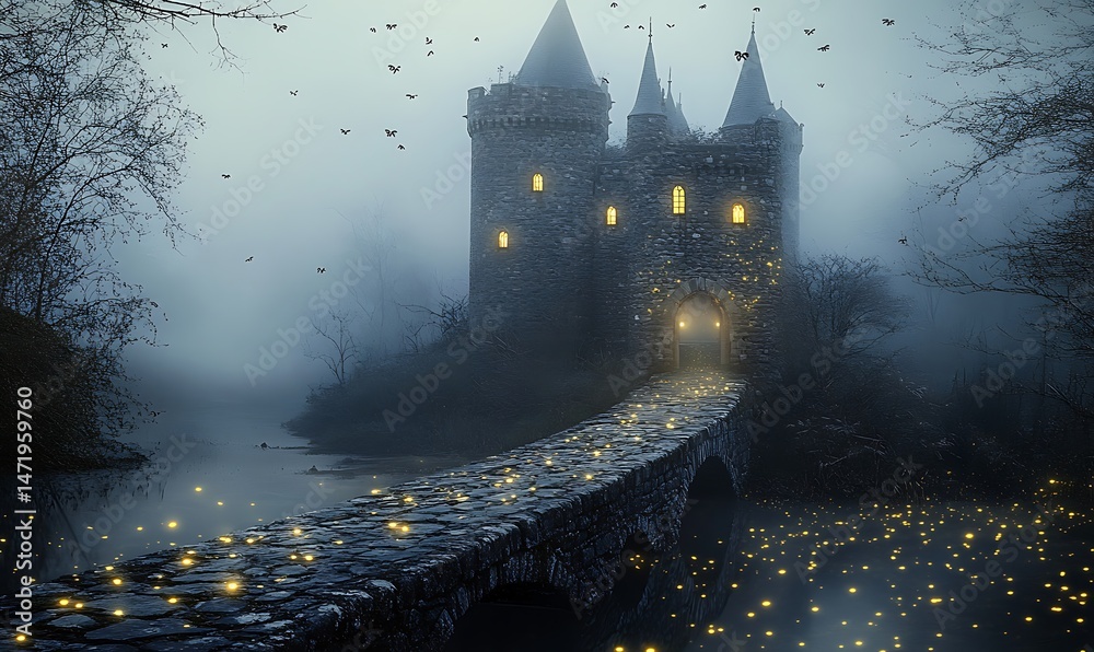 An ancient castle sits beside a foggy lake at dusk