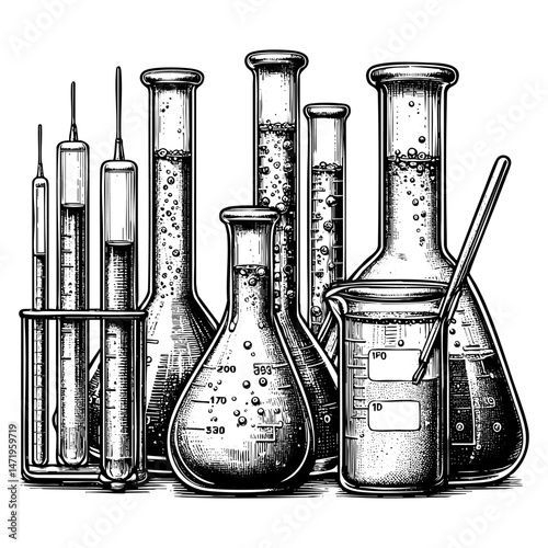 Beaker and erlenmeyer sketch engraving black and white outline. Scratch board imitation.  illustrated in vintage line art style on a white background.