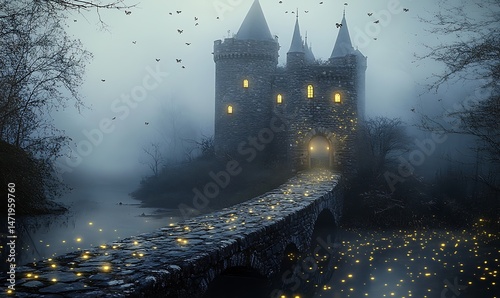 An ancient castle sits beside a foggy lake at dusk