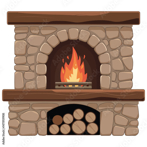 Cozy indoor fireplace flames isolated vector illustration on white background