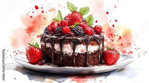 A delectable depiction of a chocolate cake adorned with berries and strawberries.
