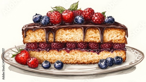 Detailed illustration of a layered cake slice with berries.