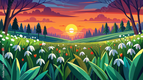 Sunset over a vibrant field of snowdrop flowers with a backdrop of dark green trees in a tranquil outdoor setting Very beautiful