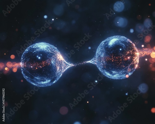 Two Glowing Particles Connected by Shimmering Light Thread in Quantum Entanglement