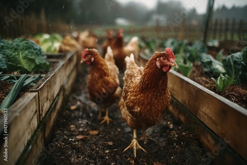 Chickens Walking in Vegetable Garden with Raised Beds, Grass, and Wooden Fence