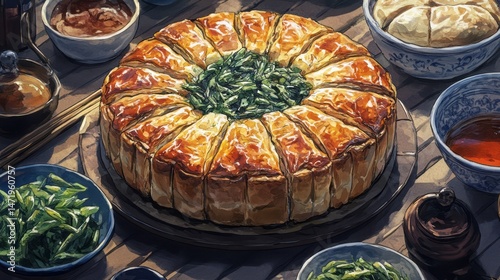 A richly decorated, baked dish with various accompaniments.