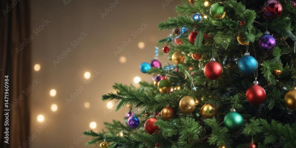 Fototapeta premium Classic green tree, colorful baubles, soft focus lights , christmas decorations, christmas, winter holidays
