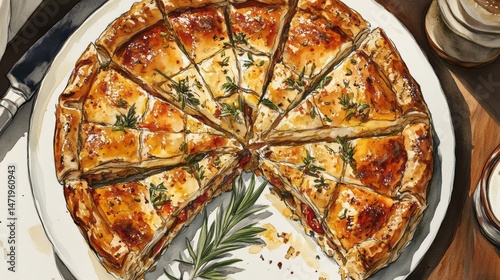 A delectable, sliced pastry, beautifully illustrated.