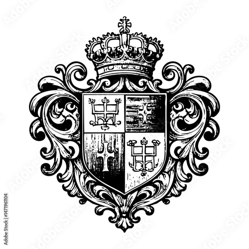 Heraldic emblem sketch engraving black and white outline. Scratch board imitation.  illustrated in vintage line art style on a white background.
