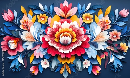 Colorful layered floral design arranged symmetrically on a dark blue background