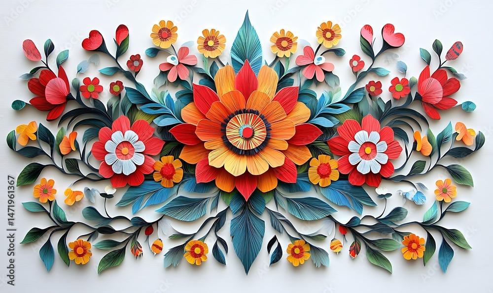 Colorful paper flowers and leaves arranged in a floral design