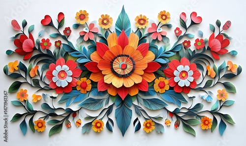 Obraz na płótnie Colorful paper flowers and leaves arranged in a floral design w salonie
