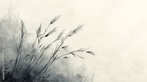 Delicate grayscale illustration of swaying grasses.