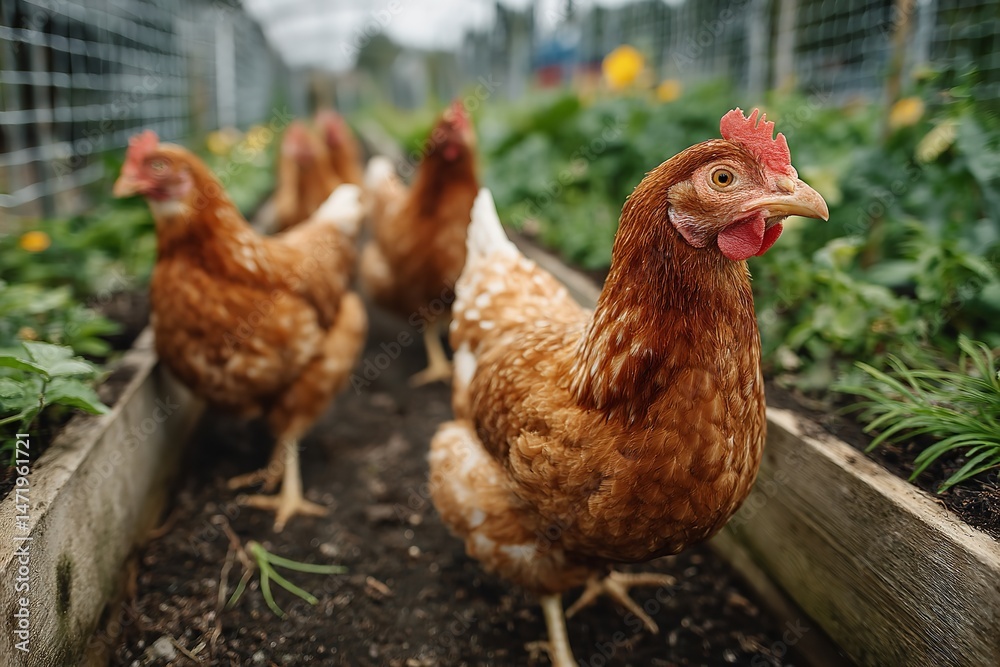 Fototapeta premium Chickens Walking in Vegetable Garden with Raised Beds, Grass, and Wooden Fence