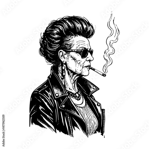 Punk old woman smoking cigar sketch engraving black and white outline. Scratch board imitation.  illustrated in vintage line art style on a white background.