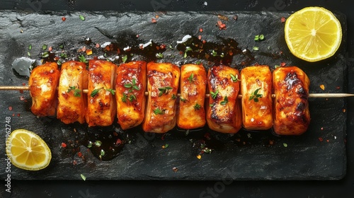 Grilled cheese skewers with a sweet and spicy glaze.