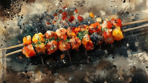 Colorful grilled skewers with artistic textures.
