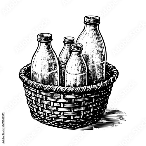 Milk bottle on wood basket sketch engraving black and white outline. Scratch board imitation.  illustrated in vintage line art style on a white background.