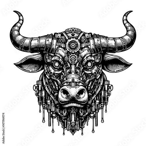 cybernetic bull with mechanical components, gears, and futuristic robotic details in steampunk style sketch engraving black and white outline. Scratch board imitation.