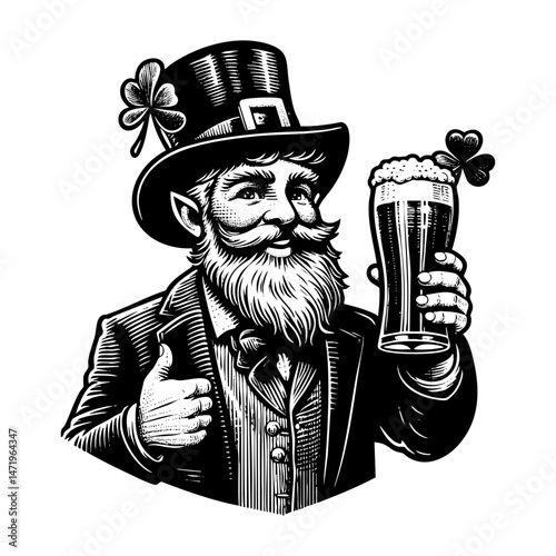 Leprechaun holding beer sketch engraving black and white outline. Scratch board imitation.