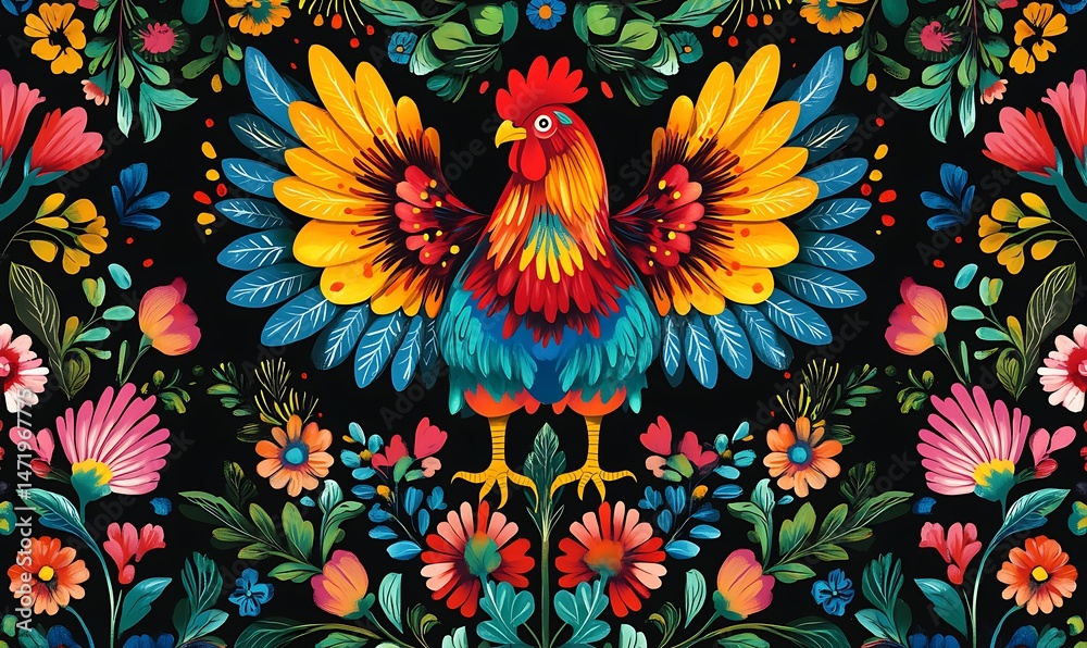 Colorful Rooster Artwork Surrounded By Intricate Floral Elements
