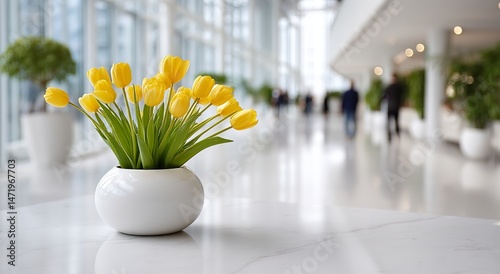 Yellow Tulips in White Ceramic Pot on Table with Blurred Background of Office and People