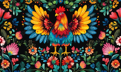 Obraz na płótnie Colorful Rooster Artwork Surrounded By Intricate Floral Elements w salonie