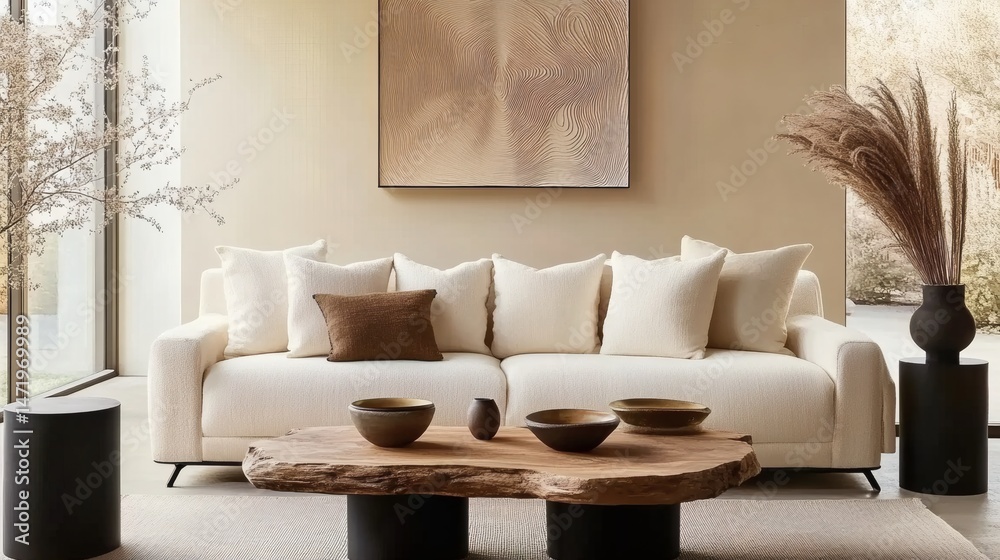 Fototapeta premium Boho nomadic living room with live edge table, beige sofa, and textured stucco wall featuring sandstone accent decor 