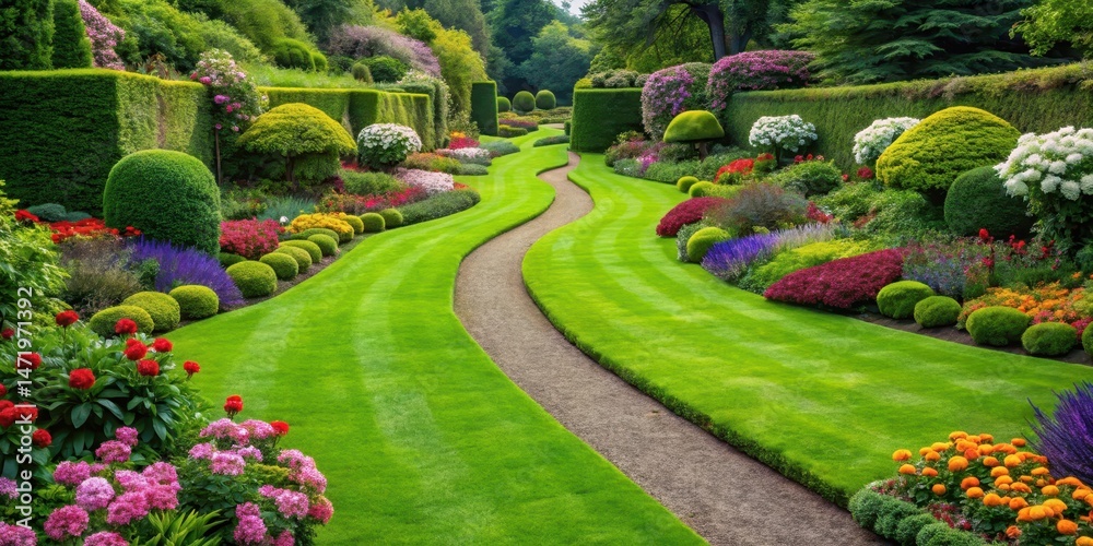 Obraz premium Well-manicured lawn with lush green grass and vibrant flowers surrounded by neatly trimmed hedges leading to a winding stone path, garden path, greenery