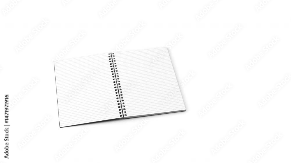 4K animation of a spiral-bound notebook with lined pages flipping smoothly. alpha channel for easy compositing. Perfect for presentations, branding, motion graphics, and design mockups.