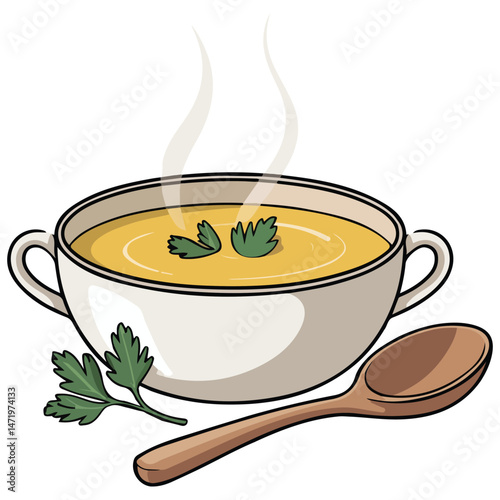 Warm potage soup bowl isolated vector illustration on white background