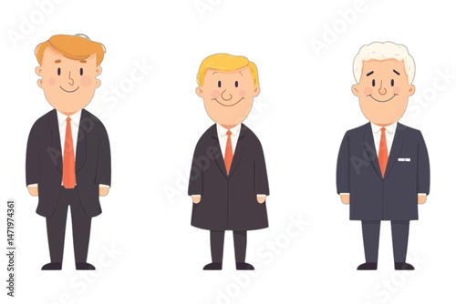 Cartoon Illustration of Three Men in Suits, A colorful and playful cartoon illustration featuring three men in different suits, standing against a transparent background.